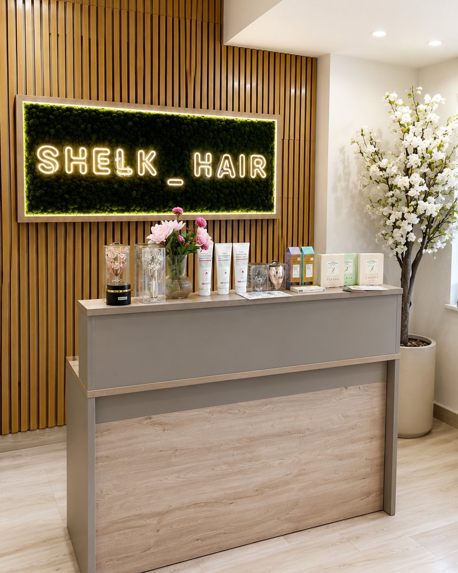 Ресепшн салона Shelk Hair с неоновой вывеской, Абу-Даби